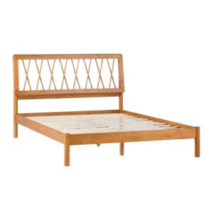 walker edison queen transitional geometric x pattern headboard solid wood bed, queen size, caramel