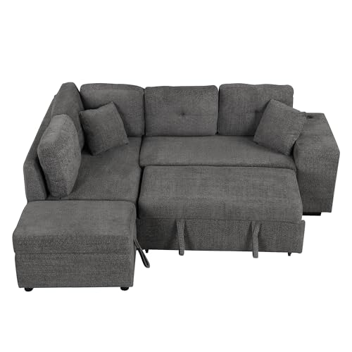 Reversible Sleeper Sectional Sofa Bed with Pull Oue Bed and Storage Ottoman 2 Stools , Chenille Upholstered Convertible Corner Couch Sofabed with Wireless Charger and USB Ports for Living Room Office