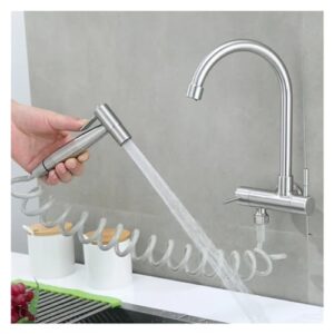 304 Stainless Steel Kitchen Faucet Wall Mounted Double Handle Single Cold Water Faucet Sprayer Balcony Sitz Bath Nozzle (Color : A)