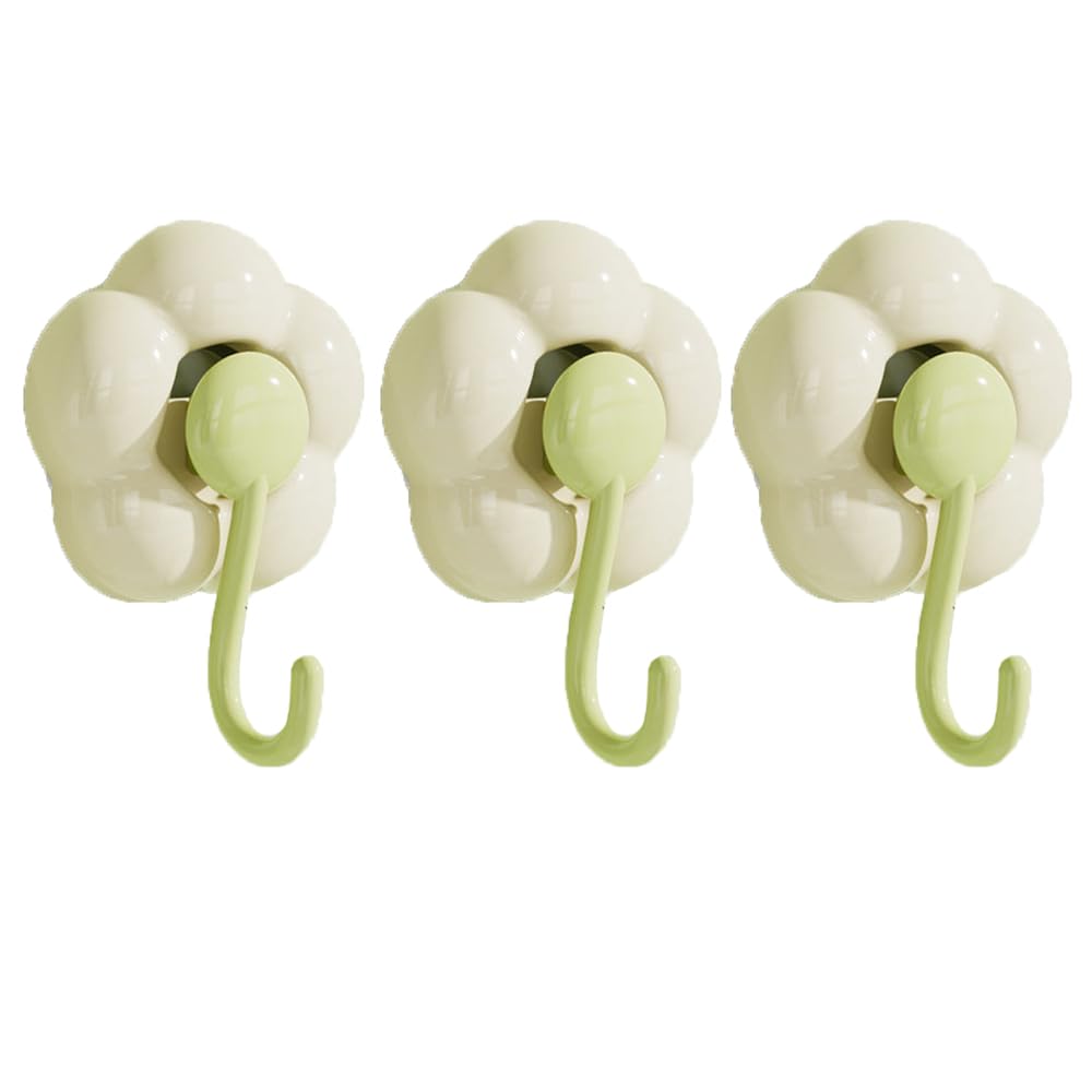 ELEFOCUS 3Pcs Sunflower Flower Washable Suction Cup Hooks,Flower-Shaped Powerful Vacuum Suction Cup Hooks,Reusable Wall Hangers for Bathroom, Kitchen and Toilet (Green)