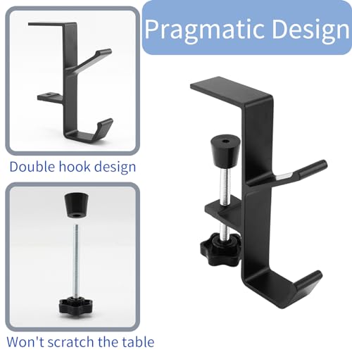 Desk Mount Bag Holder Hook Clamp,On Backpack Hanger Portable Desk Mount Headphones Holder for Reduce Desk Clutter Table Desk Table Hanging Storage (1 Pcs-Double Hook Black)