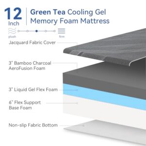 Hcore Memory Foam Mattress King Size 12 Inch Mattress, Cooling Green Tea/Gel Medium Firm Mattress in a Box, Pressure Relief Stylish Bed Mattress Made in USA, CertiPUR-US Certified 80'' x 76''