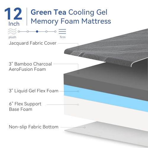 Hcore Memory Foam Mattress King Size 12 Inch Mattress, Cooling Green Tea/Gel Medium Firm Mattress in a Box, Pressure Relief Stylish Bed Mattress Made in USA, CertiPUR-US Certified 80'' x 76''