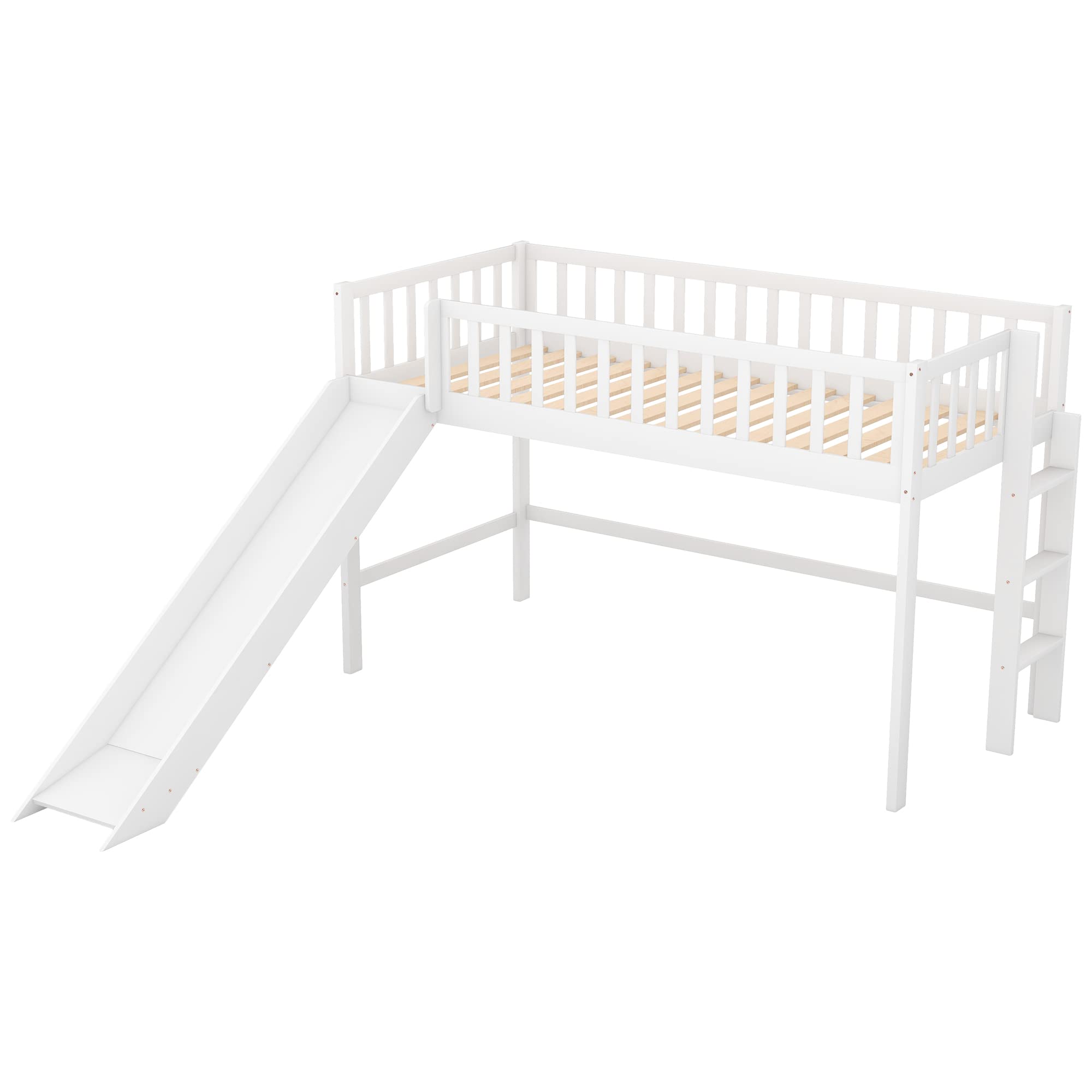 Bellemave Twin Size Low Loft Bed for Kids,Loft Bed with Slide and Ladder,Wood Kids Loft Bed Twin for Girls Boys(White)