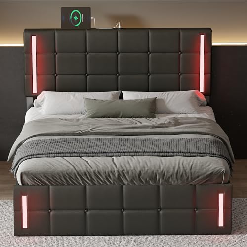 Bellemave Bed Frame,Upholstered Queen Platform Bed with Lift Up Storage, LED Lights and USB Charging, Faux Leather Bed Frame with Headboard and Slat Support (Black, Full Size)