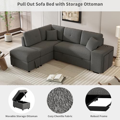 Reversible Sleeper Sectional Sofa Bed with Pull Oue Bed and Storage Ottoman 2 Stools , Chenille Upholstered Convertible Corner Couch Sofabed with Wireless Charger and USB Ports for Living Room Office