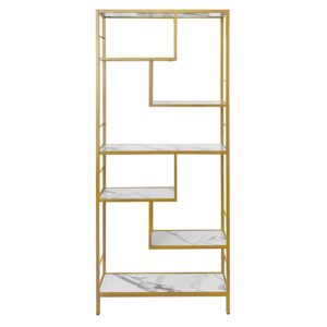 AT-VALY 6 Tier Bookcase Bookshelf, 72.4”Tall Modern Freestanding Bookshelf with 6 Shelves, Faux Marble Open Display Storage Book Shelves for Living Room Bedroom Home Office (Gold)