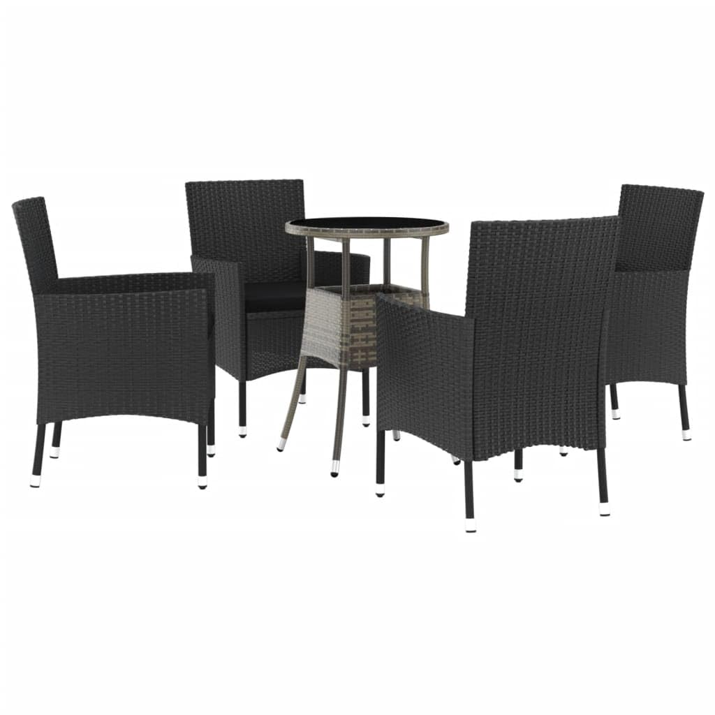 vidaXL 5-Piece Bistro Set - Black Poly Rattan Patio Furniture with Cushions - Round Table & Comfortable Armchairs for Outdoor/Garden