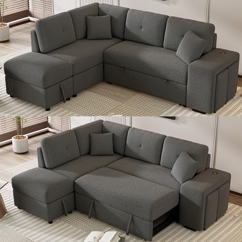 Reversible Sleeper Sectional Sofa Bed with Pull Oue Bed and Storage Ottoman 2 Stools , Chenille Upholstered Convertible Corner Couch Sofabed with Wireless Charger and USB Ports for Living Room Office