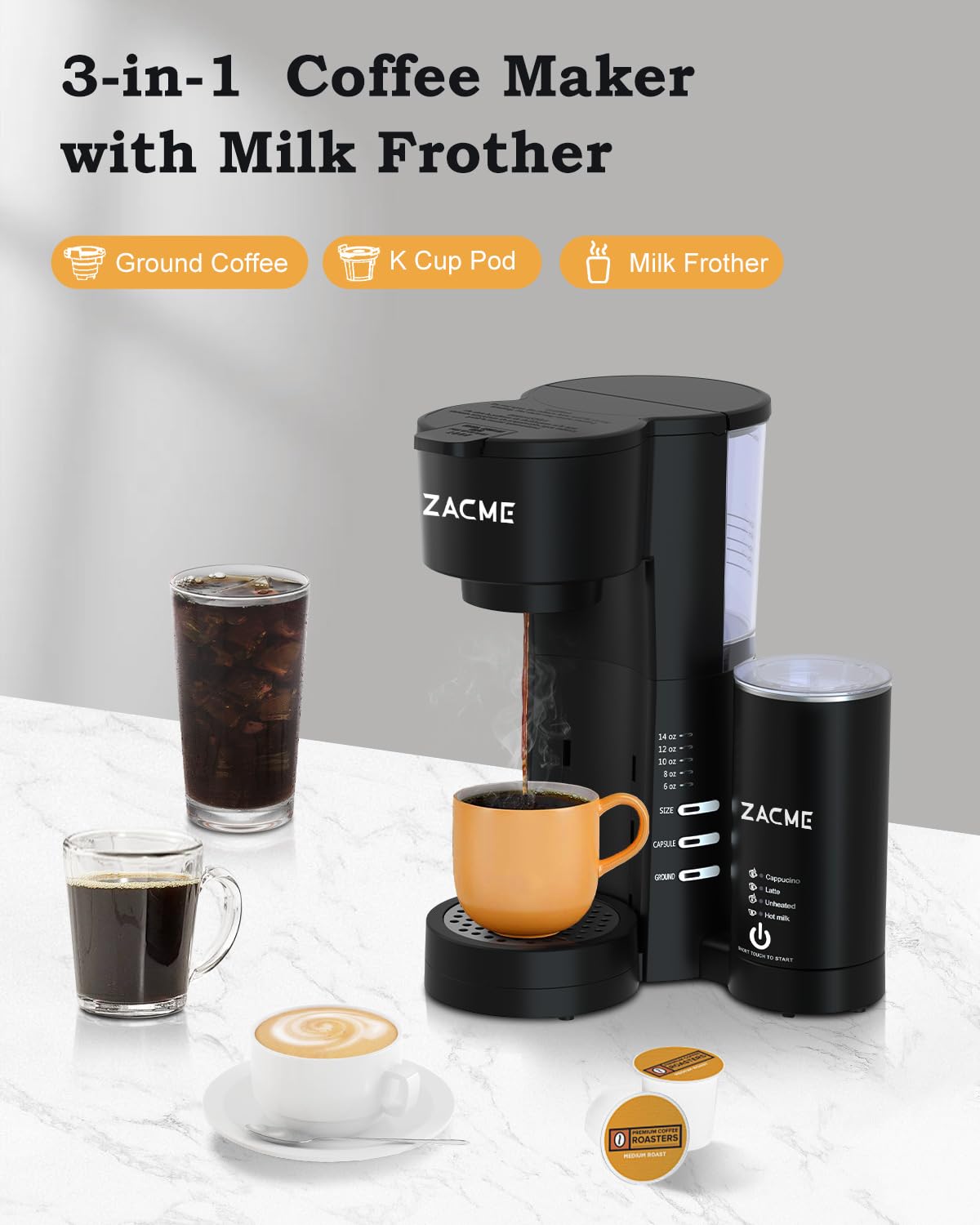 ZACME Single Serve Coffee Maker for K Cups&Ground Coffee with Milk Frother, 3 in 1 Small Single Cup Coffee Machine, 28oz Water Thank, 6 to 14 oz Brew Sizes