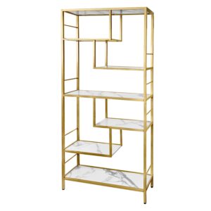 at-valy 6 tier bookcase bookshelf, 72.4”tall modern freestanding bookshelf with 6 shelves, faux marble open display storage book shelves for living room bedroom home office (gold)