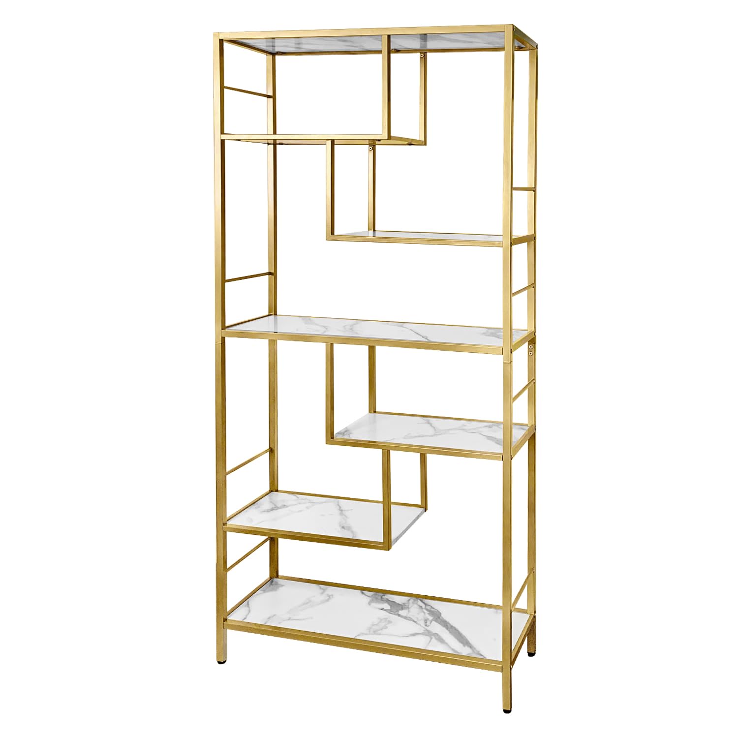 AT-VALY 6 Tier Bookcase Bookshelf, 72.4”Tall Modern Freestanding Bookshelf with 6 Shelves, Faux Marble Open Display Storage Book Shelves for Living Room Bedroom Home Office (Gold)