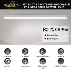 2 Pack 4FT LED Linear Strip Emergency Stairwell Light, 3 CCT Selectable, 20W/40W, 2500lm/5000lm, Battery Backup, 30K/40K/50K, IP20, 0-10V Dimmable 4 Foot Commercial LED Shop Ceiling Light Fixture, FCC