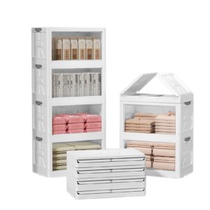 4 tier plastic storage bins, folding storage organizer with drawers, clear large storage containers with lids and magnetic switch-15 * 11 * 31 inch stackable organizers for home, office, bedroom