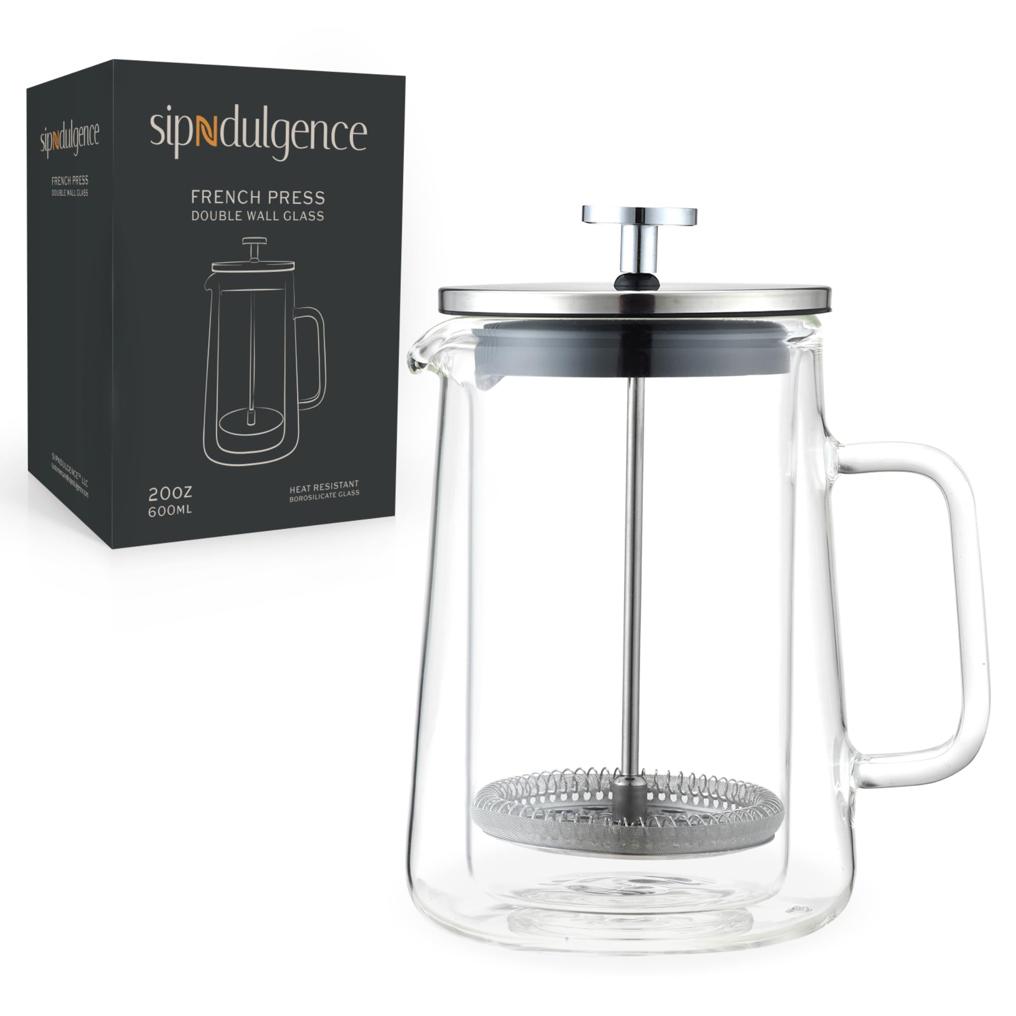 SIPNDULGENCE French Press Coffee Maker 20Oz Small Thickened Double Wall Borosilicate Glass BPA Free