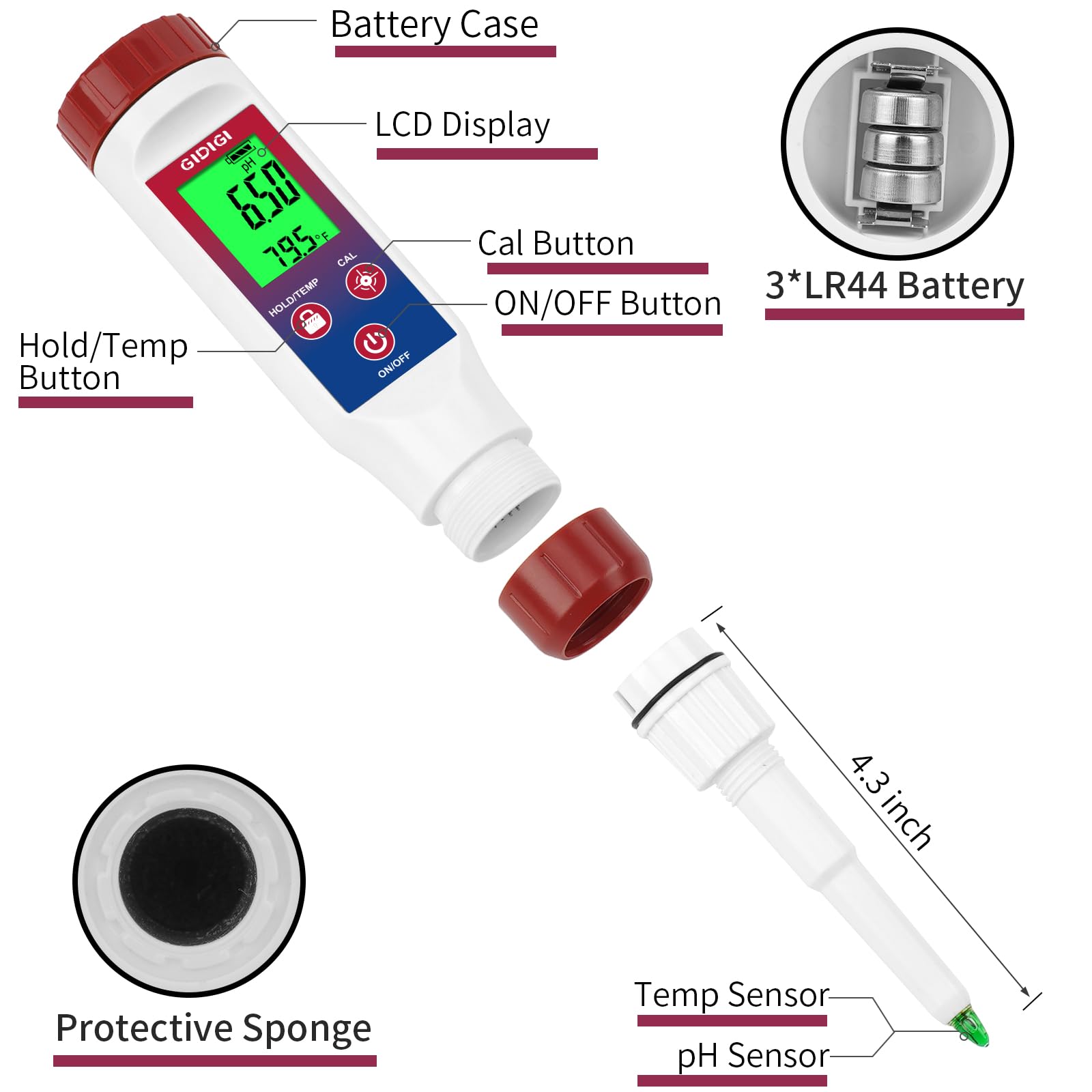 Smart pH Meter for Food, GIDIGI Digital Food pH Tester, Accurate Canning pH Test Kits with ATC, Professional Fermenting pH Test Pen, Spear pH Probe for Bread Cheese Sushi Rice Sourdough Sauce Meat