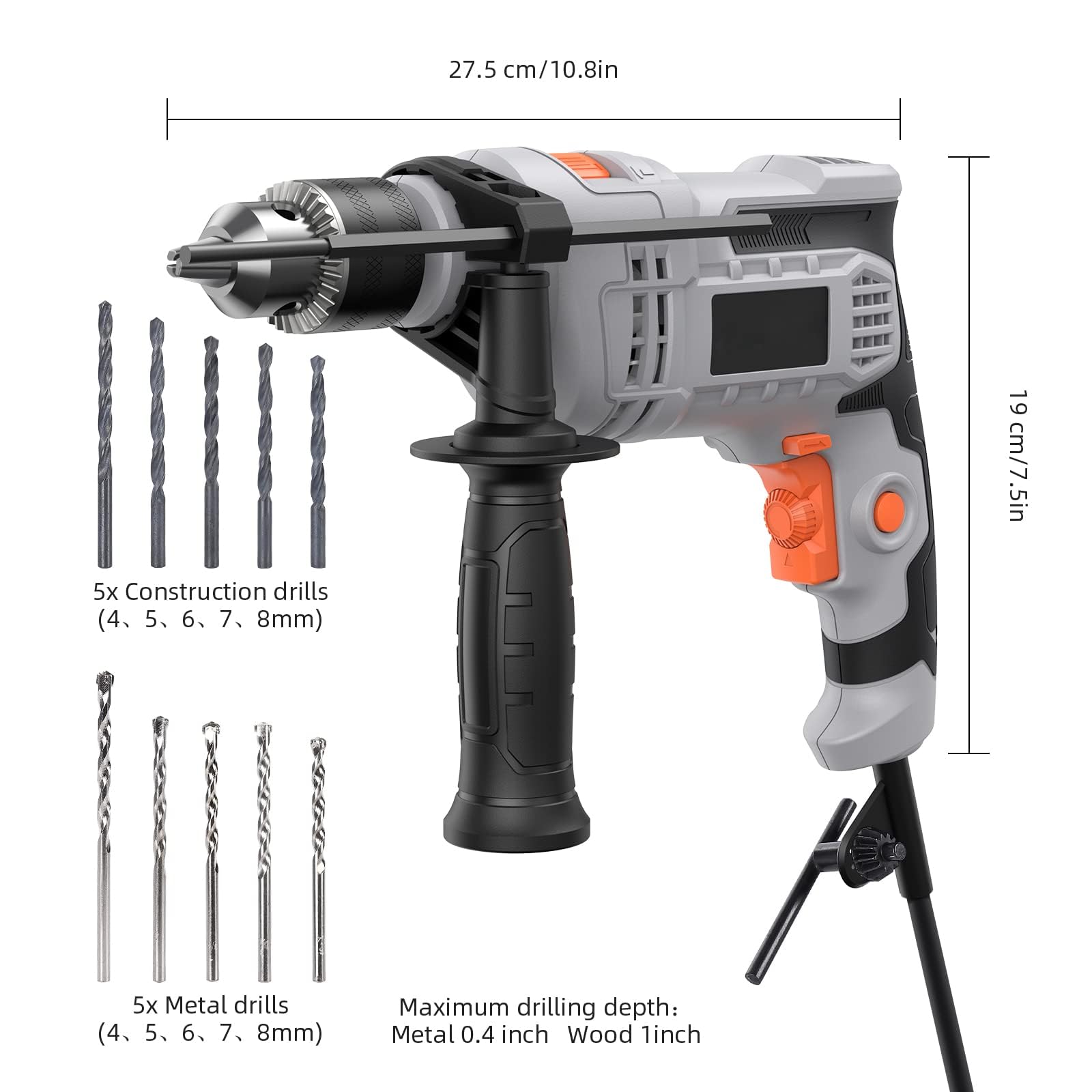 850W Electric Impact Drill, 7-Amp Hammer Drill, 1/2-Inch Electric Hammer Drill with 3000RPM, Variable Speed, 10 Drill Bits, for Concrete Floors, Walls, Bricks, Stone