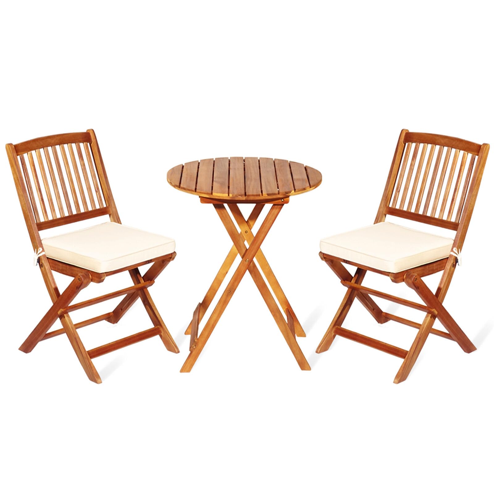 Generic VcJta 3 Piece Folding Acacia Wood Bistro Set with Cushions for Patio Conversations Outdoor Furniture, Wooden, E385022938355