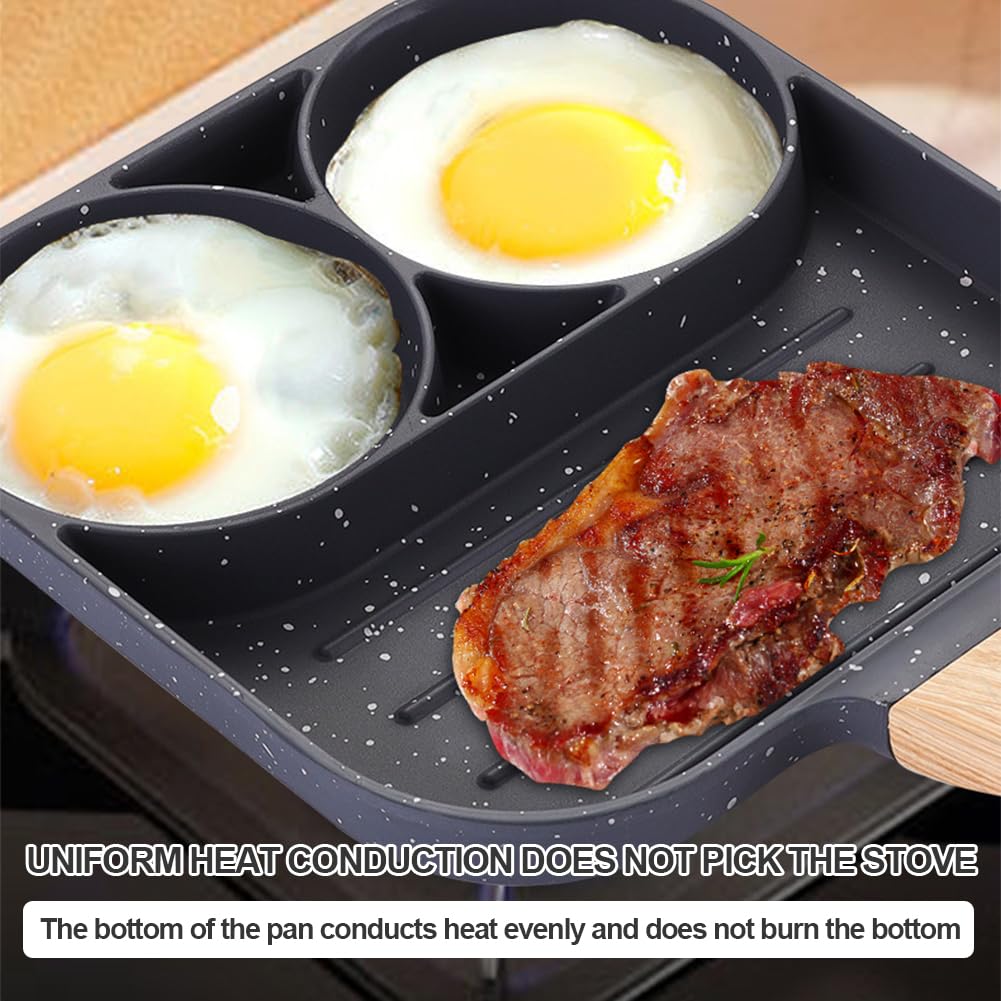 Divided Cast Iron Skillet & 2-in-1 Egg Spatula, 7-Inch Cornbread Cast Iron Skillet Divided, Square Grill Pan, 3-Section Versatile Breakfast Skillet, Suitable for Fried Eggs, Steak, Bread, Bacon