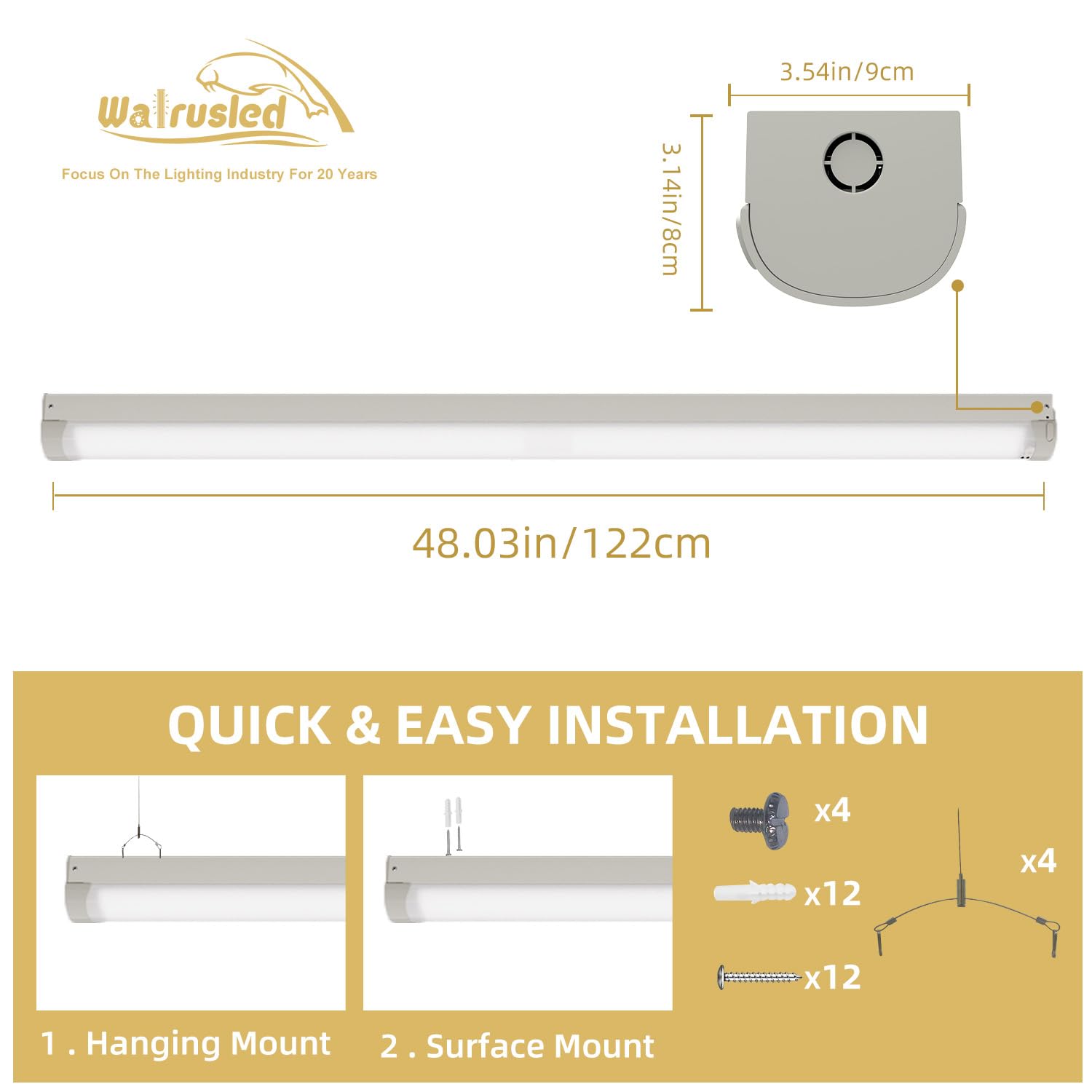 2 Pack 4FT LED Linear Strip Emergency Stairwell Light, 3 CCT Selectable, 20W/40W, 2500lm/5000lm, Battery Backup, 30K/40K/50K, IP20, 0-10V Dimmable 4 Foot Commercial LED Shop Ceiling Light Fixture, FCC