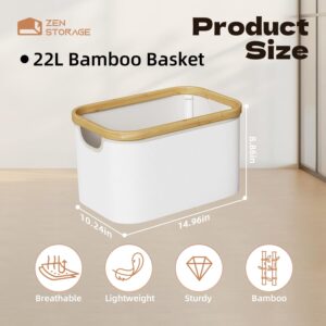 2Pack Storage Baskets for Organizing, Rectangle Storage Bin with Bamboo Handles, Small Collapsible Storage Bins Fabric, Storage Bins For Shelves, White, 22L