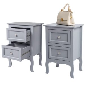 Bonnlo Gray Nightstand Set of 2, Nightstands with 2 Drawers, Bed Side Table/Night Stand, Small Nightstand for Bedroom, Small Spaces, College Dorm, Kids’ Room, Living Room, Wood, 16W x 12D x 24H, Grey