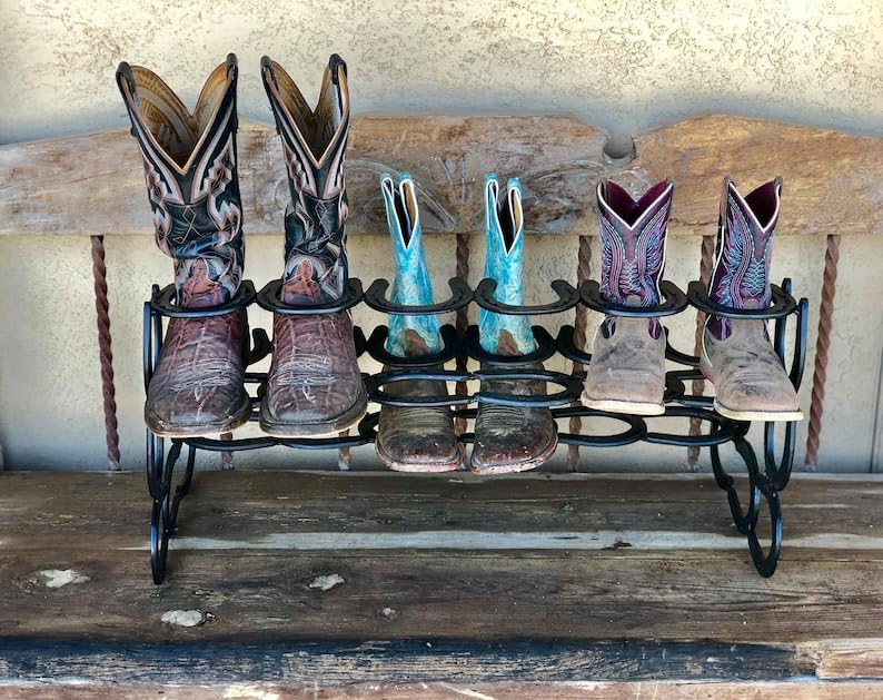 VOFMK Boot Rack, 6 Pairs of Boots, Horseshoe Decor, Horseshoe Art, Boot Holder, Shoe Organizer, Cowboy Boot Rack, Gift for her or him