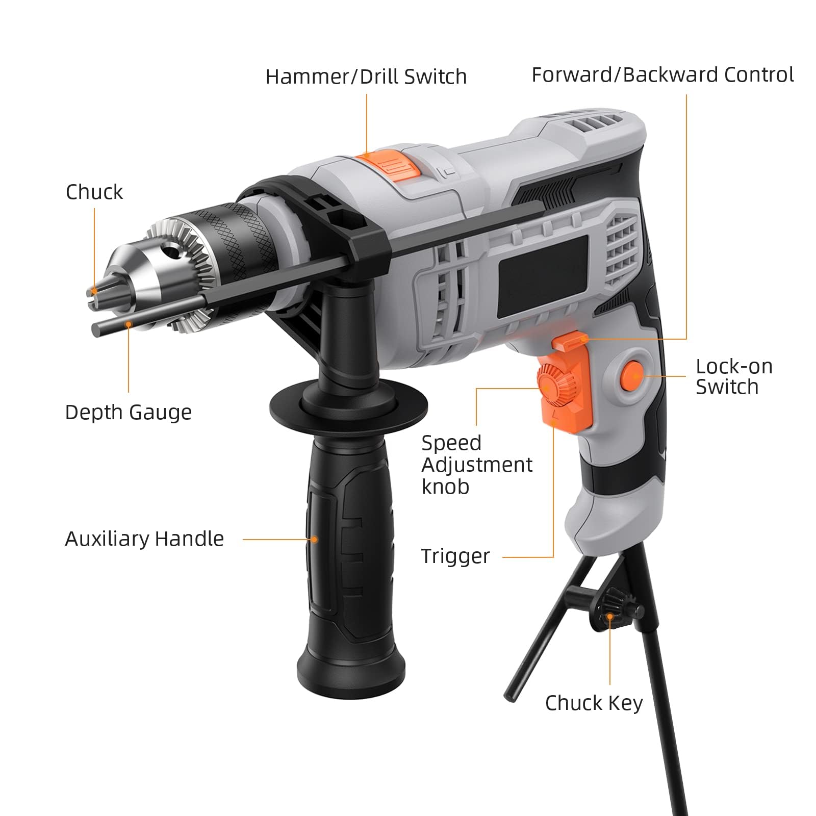 850W Electric Impact Drill, 7-Amp Hammer Drill, 1/2-Inch Electric Hammer Drill with 3000RPM, Variable Speed, 10 Drill Bits, for Concrete Floors, Walls, Bricks, Stone