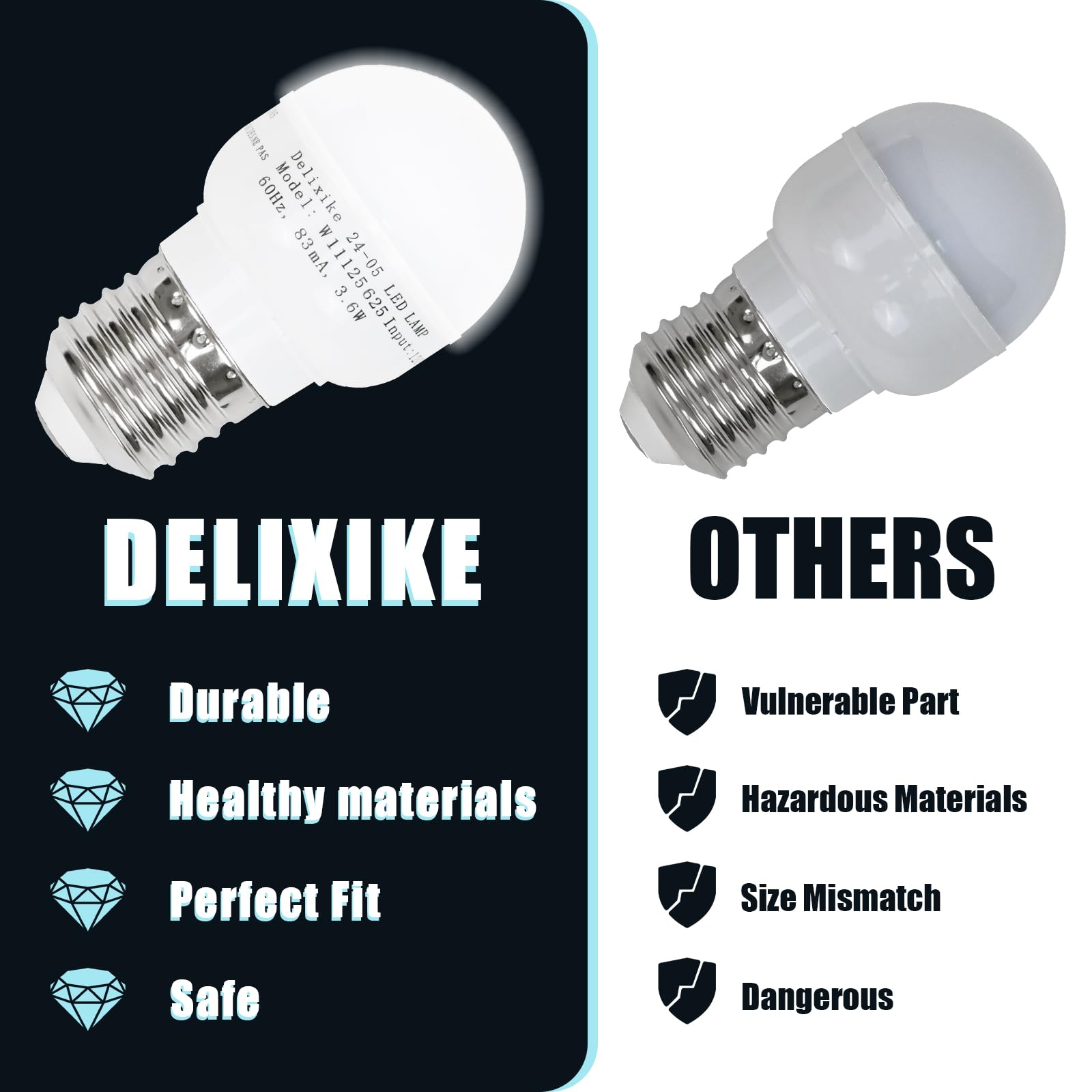 Delixike Refrigerator Accessories W11216993 W11125625 for Whirlpool Refrigerator Light Bulb Replacement AP6329125 4813672, PS12349398, W10820003, W11125625. Freezer Light Bulb White，3.6 Watt