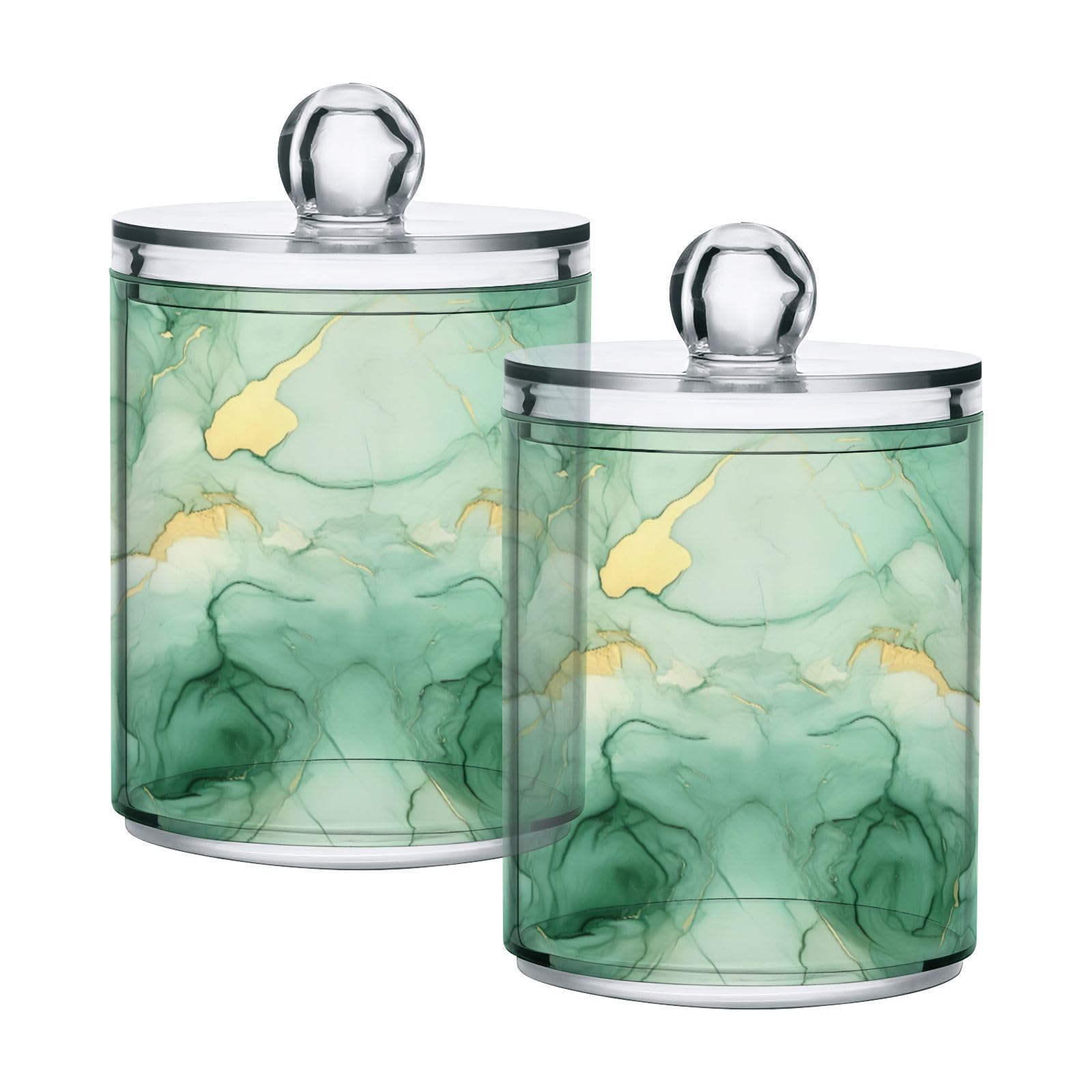 GOODOLD Green Alcohol Ink Qtip Holder 2 Pack - 10 Oz Clear Plastic Apothecary Jar Set for Bathroom Organization - Versatile Canister Storage for Cotton Balls, Swabs, Rounds