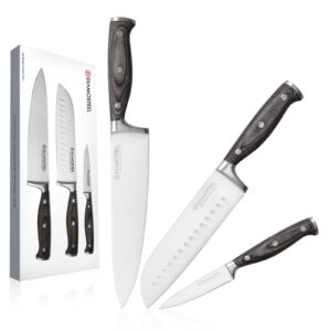 diamosteel 3pcs knives set for kitchen, include 8" chef's knife, 7" santoku knife, 3.5" paring knife, professional chef knife set with ergonomic pakkawood handle elegant box