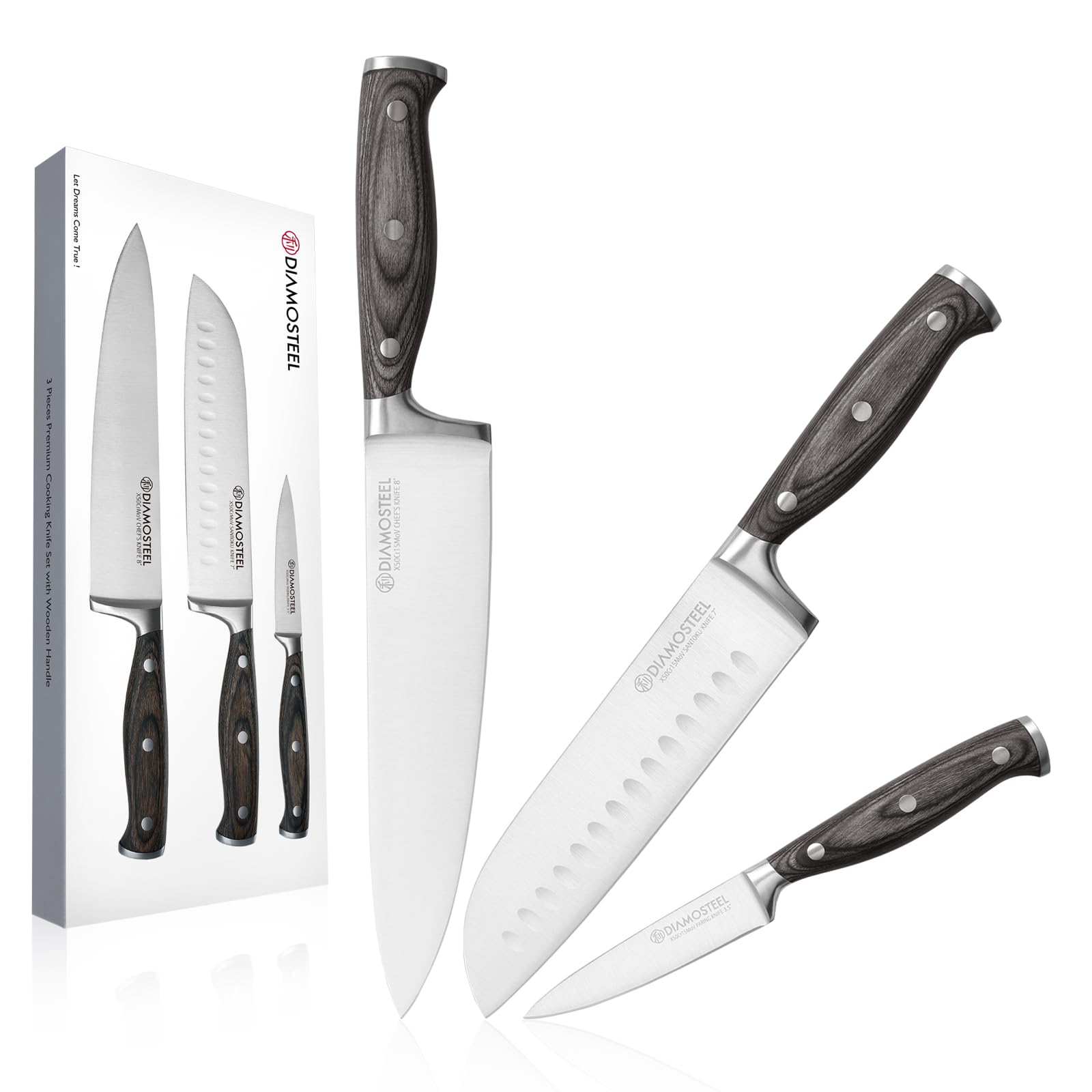 diamosteel 3PCS Knives Set for Kitchen, Include 8" Chef's Knife, 7" Santoku Knife, 3.5" Paring Knife, Professional Chef Knife Set with Ergonomic Pakkawood Handle Elegant Box