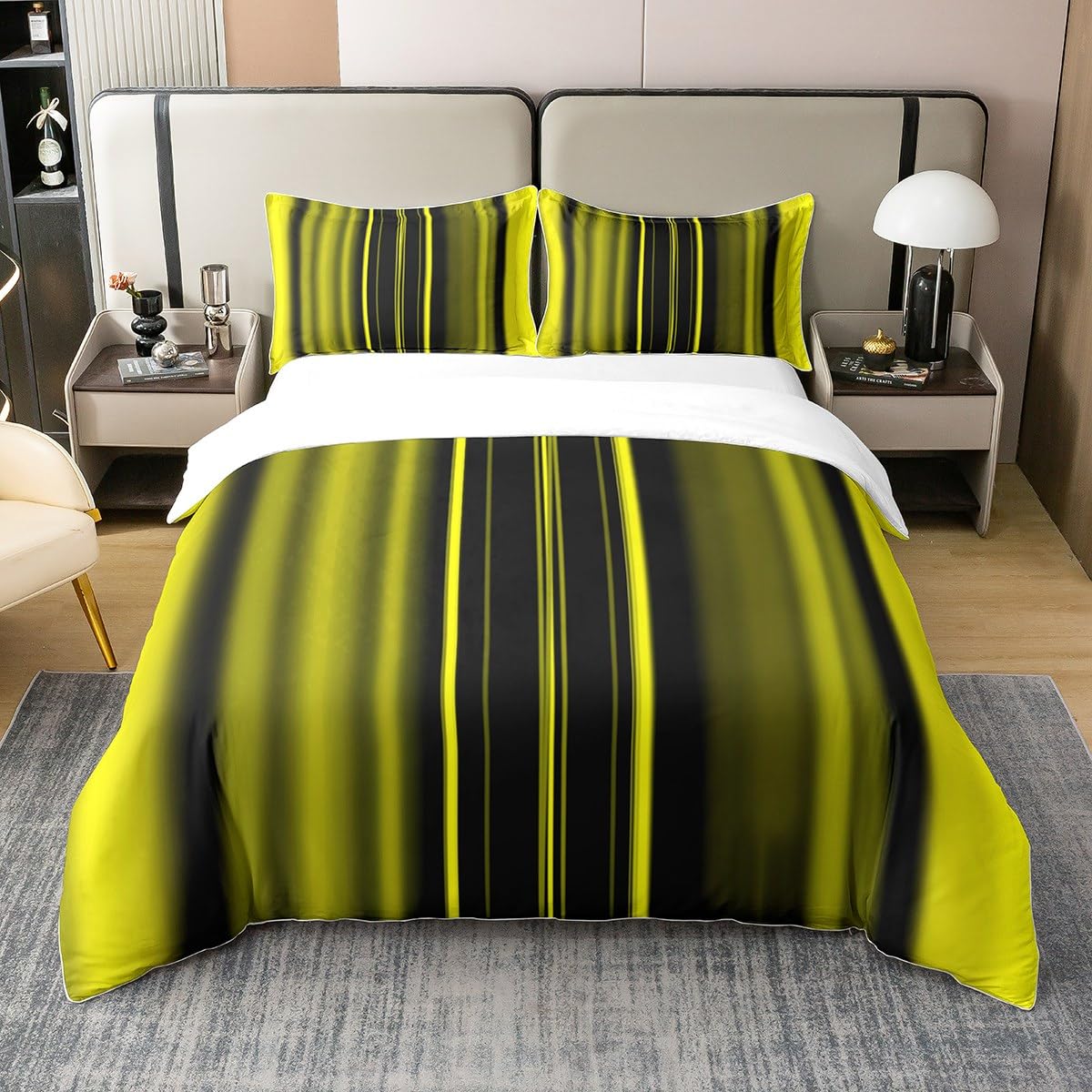 Feelyou Yellow Balck Duvet Cover 100% Cotton Abstract Art Bedding Set for Kids Boys Girls Room Decor Stripes Ombre Comforter Cover Set Queen Size Modern Striped Art Bedspread Cover 3Pcs Zipper