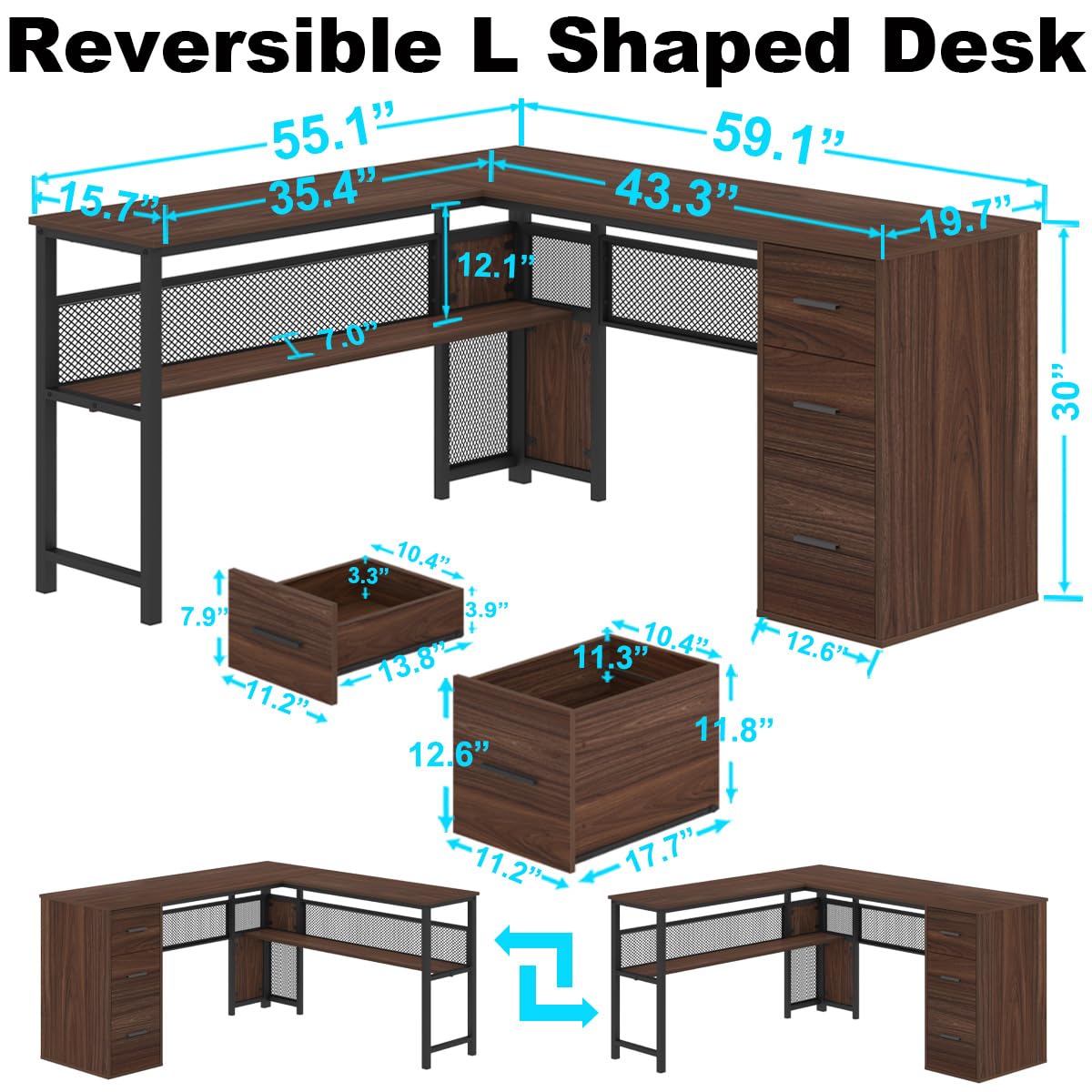 LVB L Shaped Desk with Drawers, Reversible L Shape Computer Desk with Storage Cabinets for Home Office, Large Wood Metal Executive Corner Writing Desk Table for Work Study Gaming, Walnut, 59 Inch