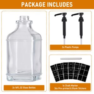 Alotpower Coffee Syrup Dispenser 16oz 2pack, Clear Syrup Dispenser with 1/4oz Capacity Pump,Syrup Dispenser for Coffee Bar-2 Glass Square Bottles with Plastic Pump and Syrup Labels