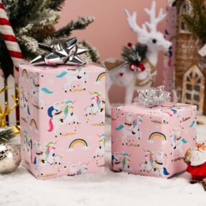 MAYPLUSS Christmas Wrapping Paper Roll - 17 Inch X 33 Feet - Fairytale Christmas Baby Pink Unicorn, Snow, Santa Claus, Rainbow Design Girl Holiday Winter Gift Wrap for Baby Shower, Party & Wedding