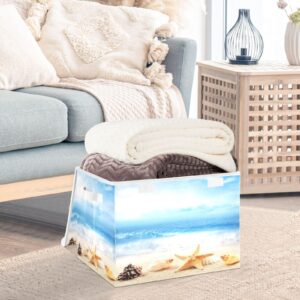 DIGTIA Storage Bins with Lids Beach Theme Seashell Foldable Storage Boxes with Handles Starfish Ocean Wave Large Storage Basket Collapsible Organizer Containers for Closet Home Bedroom Office