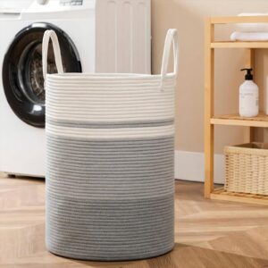 Laundry Basket,Woven Cotton Rope Laundry Hamper,58L Hamper for Kids for Blanket,Toys,Dirty Clothes in Living Room,Bathroom,Bedroom (Grey&White)