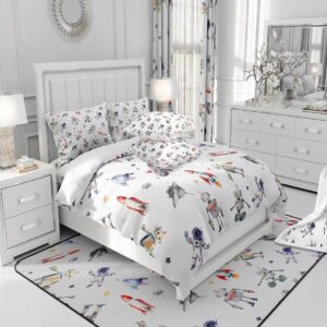 Kids Robot Duvet Cover Set Queen Size,UFO Spaceship Astronauts Bedding Set for Boys Girls Child Room Decor,Cute Aircraft Stars Print Comforter Cover Space Adventure White Quilt Cover,2 Pillowcases