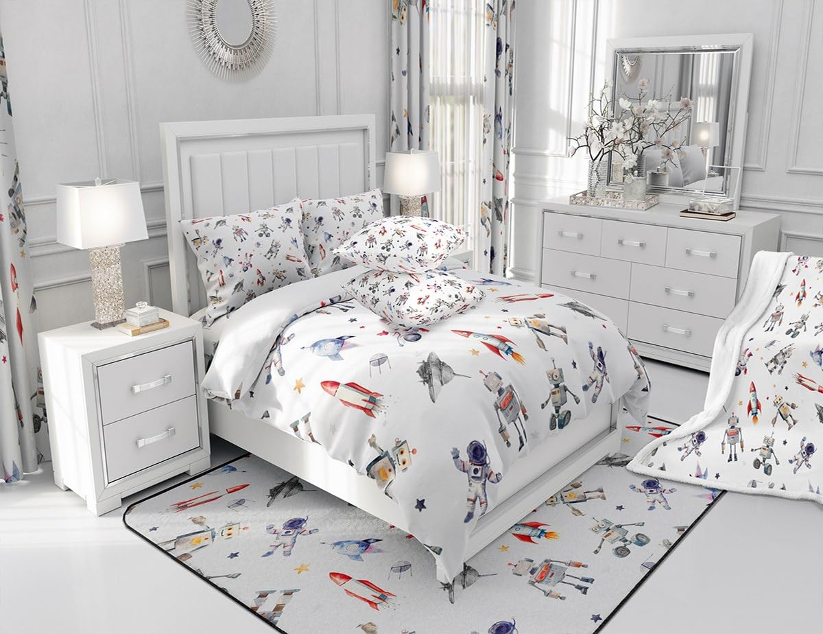 Kids Robot Duvet Cover Set Queen Size,UFO Spaceship Astronauts Bedding Set for Boys Girls Child Room Decor,Cute Aircraft Stars Print Comforter Cover Space Adventure White Quilt Cover,2 Pillowcases