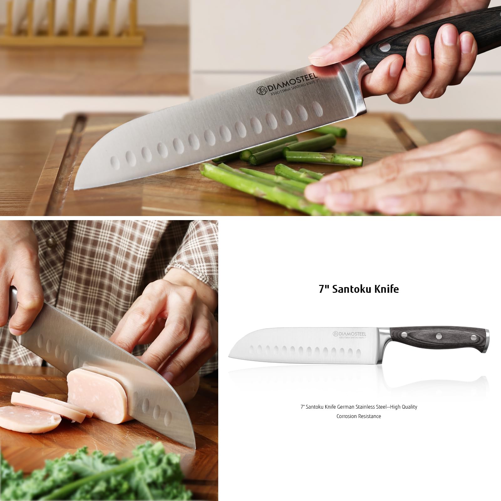 diamosteel 3PCS Knives Set for Kitchen, Include 8" Chef's Knife, 7" Santoku Knife, 3.5" Paring Knife, Professional Chef Knife Set with Ergonomic Pakkawood Handle Elegant Box