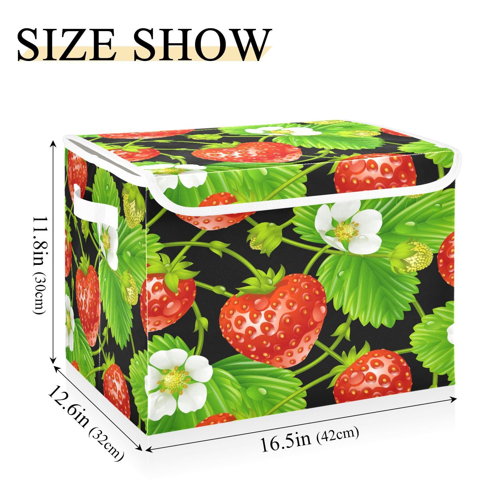 DIGTIA Storage Bins with Lids Strawberry White Flowers Foldable Storage Boxes with Handles Fruits Green Leaves Large Storage Basket Collapsible Organizer Containers for Closet Home Bedroom Office