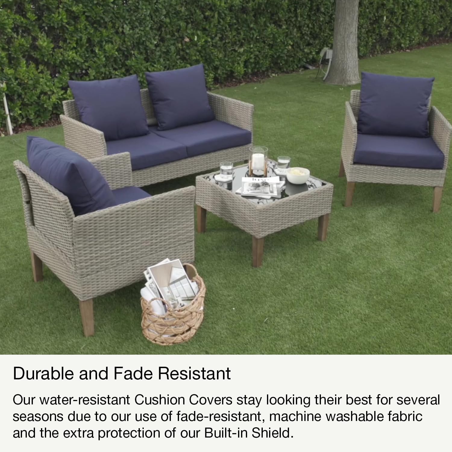 CoveredCushion 24"x24" Outdoor Cushions Set for Patio Furniture w/Built-in Removable Waterproof Cover - Fade Resistant Deep Patio Chair Cushions, Outdoor Patio Seat Cushion Replacement, Navy