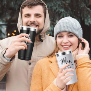 DHQH Personalized Mr and Mrs EST 2024 Gift Stainless Steel Travel Tumbler & Leather Luggage Tag Set - Wedding Gifts for Couples 2024- Perfect Newlywed, Engagement, and Bridal Shower Gifts