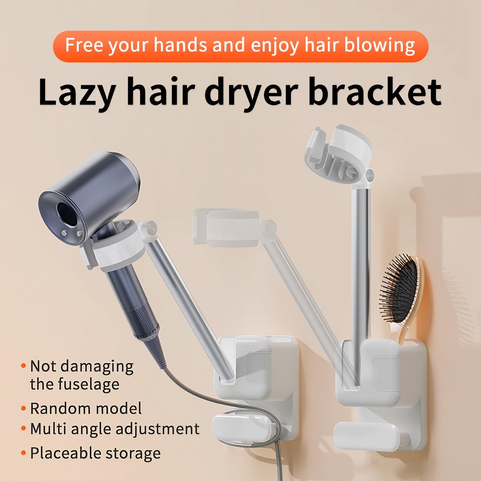 Generic Lazy Hair Dryer Bracket Hands-Free Hair Dryer Holder Adjustable, Bathroom Wall Mount Blow Dryer Holder with Cable Hanger, Firmly Installed on The Wall or Mirror Easy Installation White