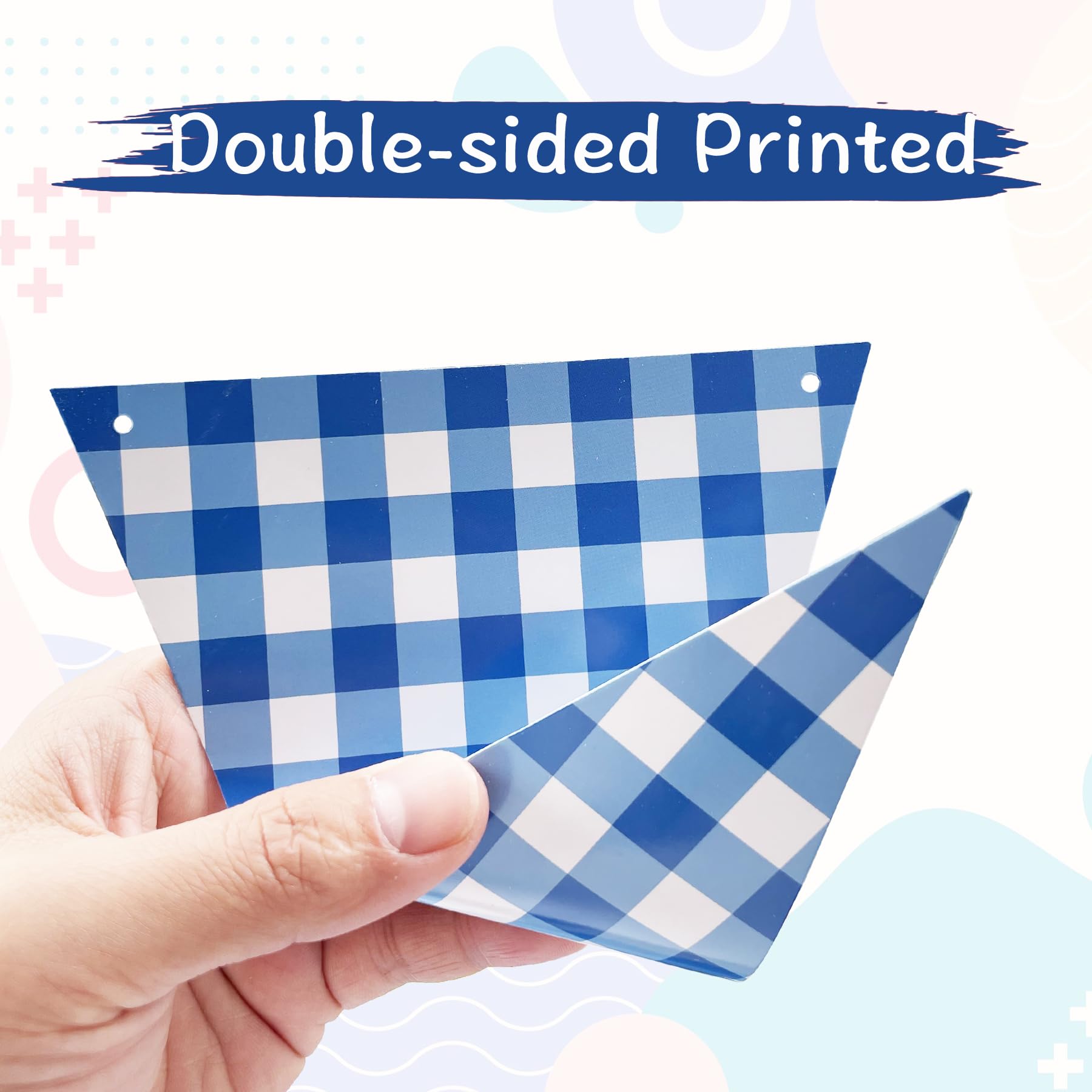 VILIFEVER 2 Pieces Blue Checkered Flags Banner, Double Sided Blue and White Gingham Bunting Garland for Summer BBQ Picnic Wedding Baby Shower Birthday Party Decorations Supplies