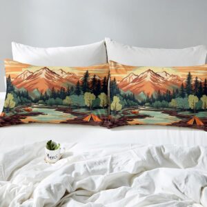 Mountain River Duvet Cover Set Queen Size,Retro Adventure Theme Comforter Cover 3Pcs,Nature Scenery Tent Bedding Set Kids Boys Girls Room Decor,Camping Bedspreads Cover,2 Pillowcases(NO Comforter)