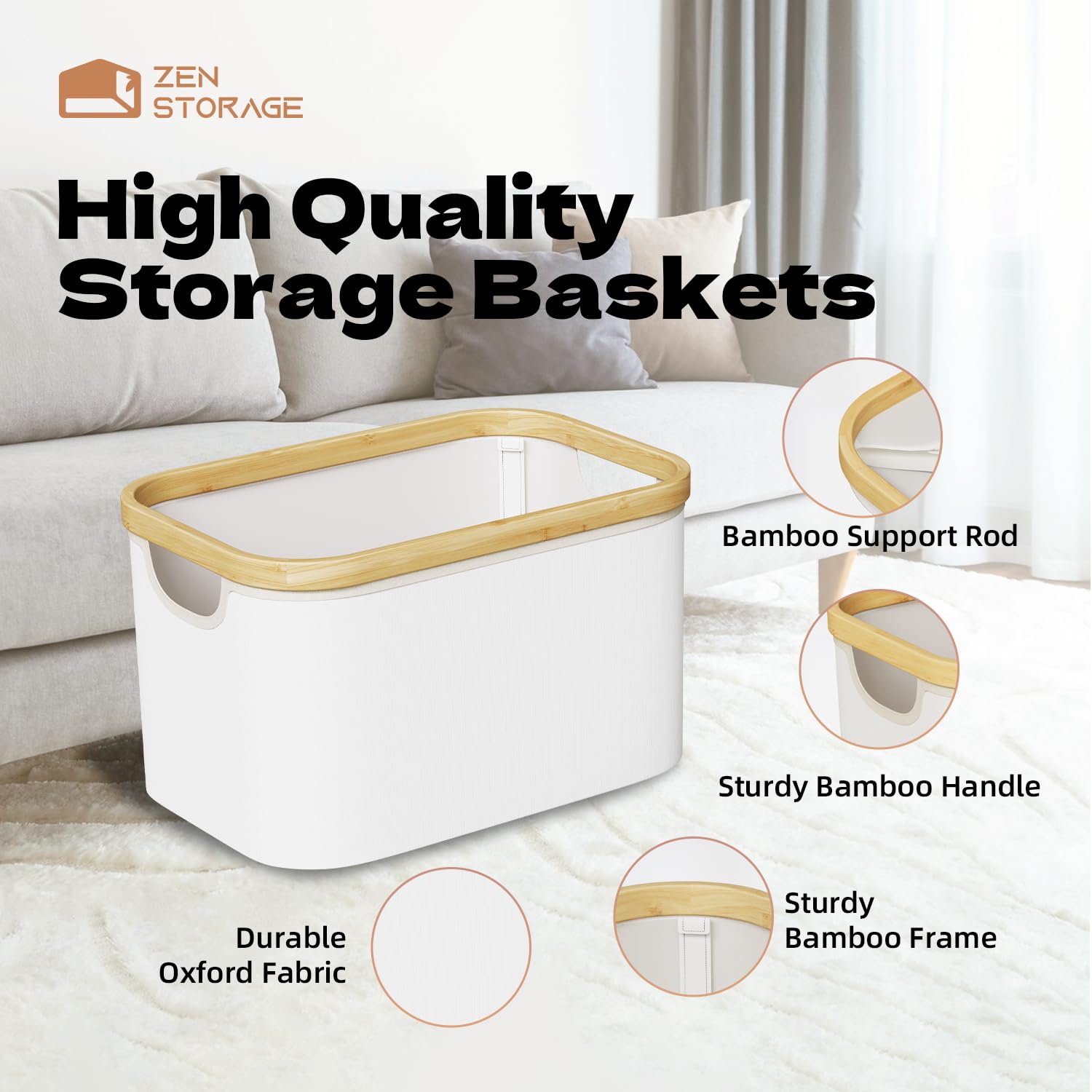 2Pack Storage Baskets for Organizing, Rectangle Storage Bin with Bamboo Handles, Small Collapsible Storage Bins Fabric, Storage Bins For Shelves, White, 22L