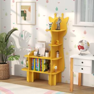 Costzon Giraffe Kids Bookshelf, 4-Tier Toddler Montessori Shelf Book Rack, Toy and Book Storage for Kids, Wooden Children’s Bookcase, Toy Storage Organizer for Kids Room, Playroom, Nursery