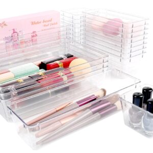 ATVAX 15 PCS Drawer Organizers with Non-Slip Silicone Pads Clear Plastic Drawer Organizers Set Clear Desk Drawer Organizer Trays Storage Bins